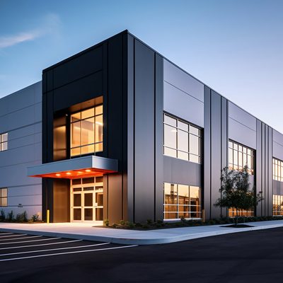 Sleek Steel Exterior of Modern Warehouse Office Building. Generative ai. High quality illustration